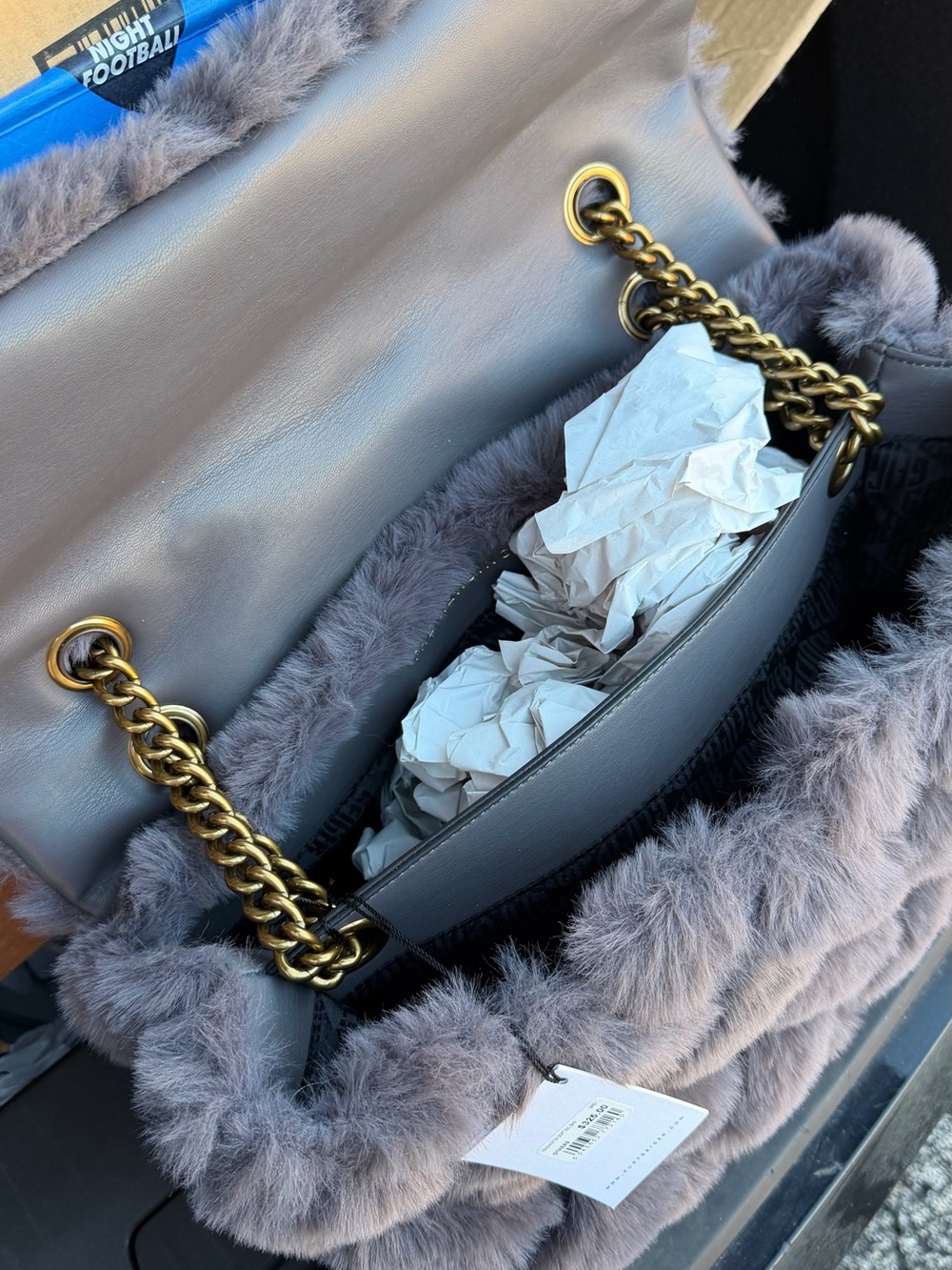 Kurt Geiger Plush Quilted Faux Fur Clutch in Gray - Picture 5 of 6